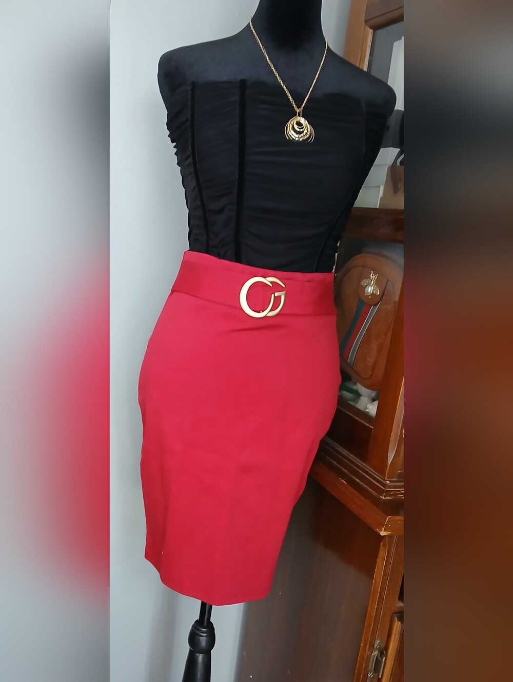 High-Waist Red Pencil Skirt with Gold Accent